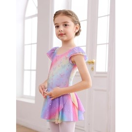Leotardos de ballet para niñas con falda: estampado de estrellas de mariposa arcoíris, tutú de manga con volantes con purpurina para práctica