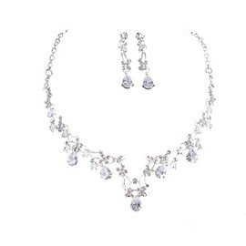Misaki Wedding Necklace, Earrings, Earrings, Set, Sparkling Zirconia, Crystal, Flower Bridal Accessories, Long Earrings, Bridal, Birthday, Christmas Gift, Metal