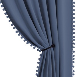 StangH Stone Blue Blackout Curtains 84 inch for Living Room/Patio Sliding Door, Pompom Thermal Insulated Door Panels for Bedroom, Nursery Kids Home Decoration, W52 x L84, 2 Panels
