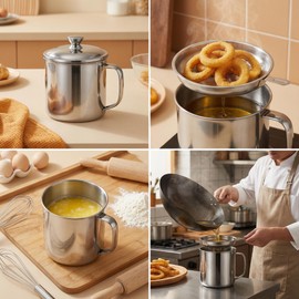 Oil Strainer Pot 34oz Stainless Steel, Bacon Grease Container Saver with Strainer