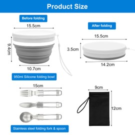Camping Crockery Set 4-Piece Foldable - Large 950 ml Folding Bowl with PP Lid & Stainless Steel Camping Cutlery Set - Space Saving & Dishwasher Safe Outdoor Tableware for Picnics, Travel & Hiking