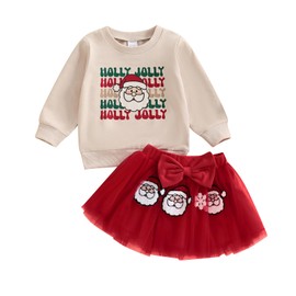 XIXIMAON Toddler Baby Girl Christmas Outfit Letter Floral Long Sleeve Sweatshirt Top Santa Claus Bow Decor Tutu Skirts Set Kids Girls Winter Clothes (Beige, 6-12 Months)