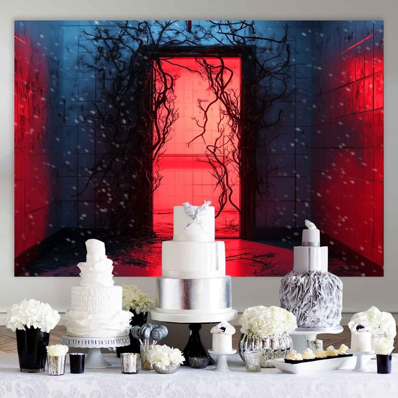 KUKUSOUL 7x5FT Halloween Backdrop Horror Forest Red Door Backdrop Upside