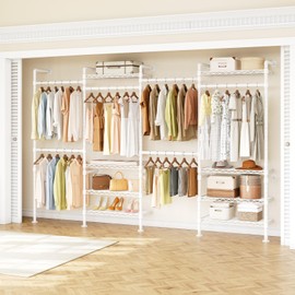 ONBRILL H4 Wall Mounted Closet System, Expandable Industrial Pipe Clothes Rack Clothing Rack for Hanging Clothes, Heavy Duty Closet Organizers and Storage in Wardrobe Closet - White