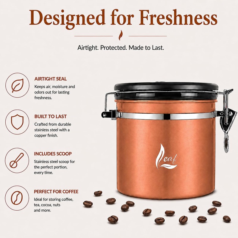 Leaf Airtight Stainless Steel Coffee Canister 1500 ml - with