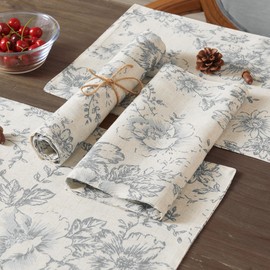 TOPICK Floral Place Mats for Table Linen Blend Table Mats Set of 4 Vintage Table Placemats Holiday Rustic Cloth Table Mats for Kitchen Dining Table Decor Washable Tablemats 13x19 Inch Grey