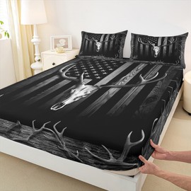 Deer Skull Fitted Sheet Queen Size,American Flag Bedding Set,Hunting Animals Elk Antler Bed Sheet for Kids Boys Men Adult Room Decor,Rustic Cabin Wood Stripes Black Deep Pocket Sheet,2 Pillowcases