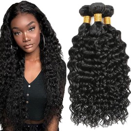 Hxxcoup Bundles Human Hair Bundles Water Wave Human Hair Brazilian Real Hair Wefts Real Hair Natural Black Double Weft 100 g/pc 300 g Total 100% Brazilian Remy Hair 30 32 34 Inches