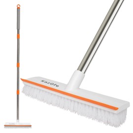 KazOfe 2-in-1 Floor Scrubbing Brush with Squeegee, Heavy Duty Stiff Bristles for Deep Cleaning, Long Handled Scrubbing Brush for Indoor and Outdoor Use (White)