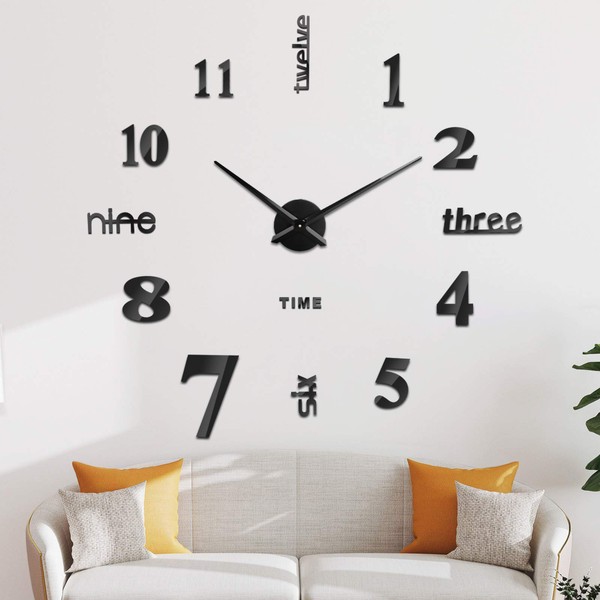 SOLEDI Wall Clock for Living Room Decor Large Modern Wall Clock for Blank Wall Easy to Assemble, Adjustable Size, Frameless DIY 3D Mirror Wall Clock Sticker (Black)