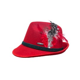 Oktoberfest Haus Traditional German Bavarian Red Felt Fedora for Men and Hat for Women with Feather Size Small