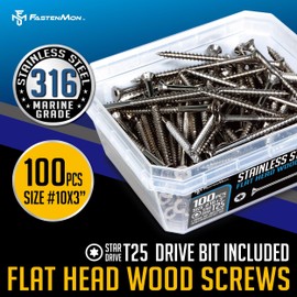 FM FastenMon #10 x 3" Marine Grade Type 316 Stainless Steel Wood Screws - 100 Pack with T25 Bit – Torx Flat Head Type 17 Point Ideal for Decks, Fences, and Coastal Construction