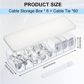Tatuo 6 Pcs Cable Organizer Box with Wire Ties, Plastic Cord Storage Box with Lid, Electronics Organizer for Home Office Desk Organizers and Accessories (Clear,White)