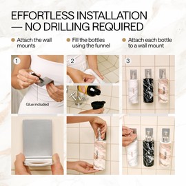 3-in-1 Shampoo, Conditioner, and Body Wash Dispenser - 3 x 17oz/500ml Shower Dispenser 3 Chamber No Drill - Soap Bottles, Wall Mounts, Adhesive Strips, Pump, Funnel - Wall Mounted Shampoo Dispenser