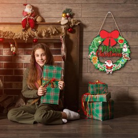 Merry Christmas Wreath Hanging Sign For Front Door, Wooden Welcome Sign With Christmas Tree For Festive Office Rustic Farmhouse Wall Window Decoration (Wreath)