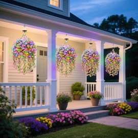 GOESWELL Outdoor Hanging Artificial Flowers Basket: Fake Plants Hanging Basket with Solar String Lights for Home Garden Enthusiasts- Realistic Faux Silk Flower Baskets for Porch Wall Patio Tree Decor