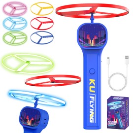 LUKIUP Electric Flying Disc Launcher, 3 Normal and 3 Fluorescent Discs Flying Saucer Launcher, Propeller Toy Children from 4 5 6 7 8, Outdoor Garden Toy for Children (Blue)