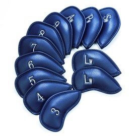 Golf Iron Head Covers Numbers Synthetic Leather Headcover Deluxe Value 12 Pcs Set, Golf Iron Headcovers Protector for Club Mens Protable Fit All Brands (Navy)