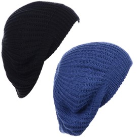 BYOS - Gorro de punto de ganchillo para mujer, 2-pack Denim Blue & Bk Wo/Flower, Talla única
