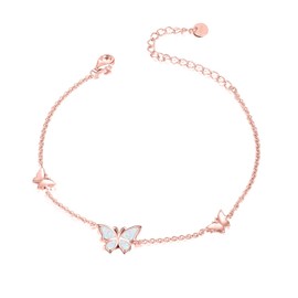 WINNICACA Butterfly Rose Gold/White Opal Anklet S925 Sterling Silver Jewellery for Women Girls Gifts, Sterling Silver, Synthetic Opal