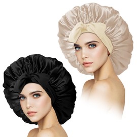 Meajax 2 Piezas Gorro de Pelo Rizado de Satén, Gorro de Dormir de Seda Ajustable, con Banda Elástica,Suave y Transpirable,Ideal para Ducha,Dormir y Belleza-Negro y Beige