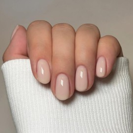 Beige Press on Nails Short Oval, SXVME Solid Color Acrylic Fake Nail Short Round, Nude False Nail Press ons Handmade of Gel, Natural Full Cover Glue on Nails For Women Daily Wear 24Pcs