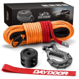 DAYDOOR DAYDOOR Synthetic Winch Rope, 1/4' x 50ft 10,000LBS Synthetic Winch Line, Synthetic Winch Cable for Offroad Vehicle 4WD ATV UTV, Synthetic Rope with Forged Winch Hook and Rubber Stopper (Orange)