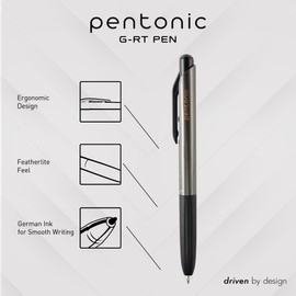 Pentonic GR-T Retractable Gel Pens, 10 Count, Black Ink, 0.7 mm Fine Point, Smooth Writing For Journaling, Note Taking, Office & School (1002363)
