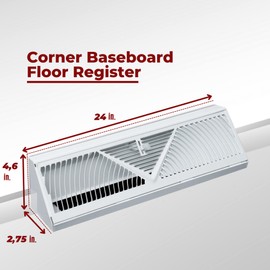 Fits 24" Baseboard Space | Corner Baseboard Register by Handua | Round Type Air Flow Design | 24" External Length Register Vent Cover Grill | Adjustable Lever for Air Flow Control | White