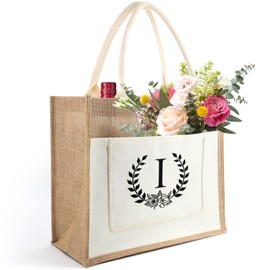 Tarklanda Jute Bag with Initial, Jute Shopper Bag Women, Jute Bag Alphabet, Jute Tote Bag 35 x 30 x 14 cm Shopping Bag, Gift for Women, Girlfriend, Mum for Birthdays, Christmas, I