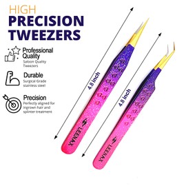 Leenax 2 Pieces Fiber Tip (Anti – Slip) Eyelash Extension Tweezers, Straight and 45-Degree Volume Tweezers, Japanese Stainless Steel, Hearts Design (Multi)
