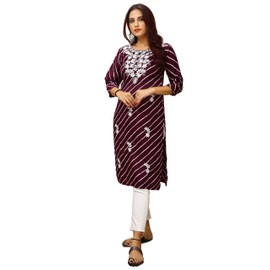 Ladyline Women's Cotton Leheriya Printed Kurti Tunic with Hakoba Embroidery | Knee Length 3/4 Sleeve Chikankari Embroidered Kurta | (CPEK HRZR) (36/ Wine)
