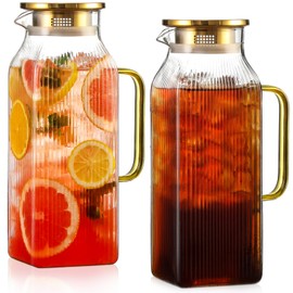 2 Pack 2 Liter/68 oz Square Glass Pitcher with Lid, Classic Stripes Water Pitchers with Handle for Fridge, Large Jug for Iced Tea, Coffee, Borosilicate Glass Carafe for Hot/Cold Brew Drink, Gold