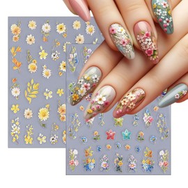 Spring Flower Nail Stickers Colorful Petals Beauty Summer Flowers Leaves Plants 5D Embossed Nail Decals Self-Adhesive Sunflower Daisy Nail Art Decoration