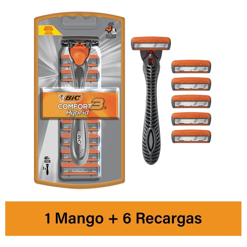 Rastrillo Bic Hybrid Comfort 3 1 mango y 6 Cartuchos