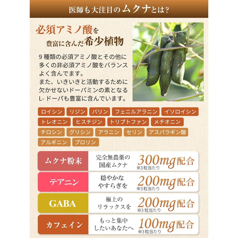 【医師監修】集中力 やる気 サプリ 国産無農薬ムクナ 1袋9000mg 30日分 90粒 1日3粒 テアニン GABA