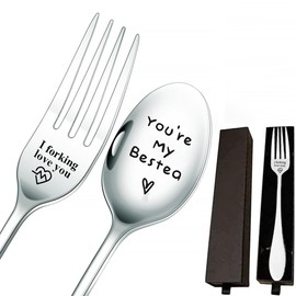 I Forking Love You Letter Engraved Fork and Spoon Set Funny Stainless Steel Dinner Forks and You're My Bestea Spoon Unique with Box Valentine's Gifts Festival Gift,Party Accessories (2pcs, Silver)