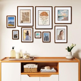 SZKYSJGS 12x12 Wood Picture Frame, Solid Natural Walnut Rounded Corner Photo Frame with Tempered Glass, 12 x 12 Wooden Frame Matted to 8x8, Wall or Tabletop Display