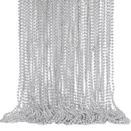 SWANUCKY 48 Pack Mardi Gras Beads Necklaces, 33 Inch Plastic Beads for Party Favors, Festival Decorations, Parade Throws, Christmas, St. Patrick's Day Celebrations (48, Silver)