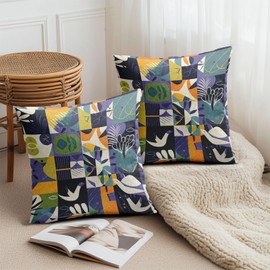 PAKAZA Cushion Cover, Geometric Blocks, Bird Silhouette, Spinning, Plants, Wood Furniture, Fits Japanese Spaces, Navy, Olive Green, Mustard Yellow, Purple, Natural, Country, 17.7 x 17.7 inches (45 x