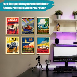 Wallbuddy Set of 6 Car Racing Grand Prix Posters F Poster Formula Poster Car racing Print Motor Racing Poster 1930, 1936, 1937, 1952, 1966, 1970 (5 x 7)