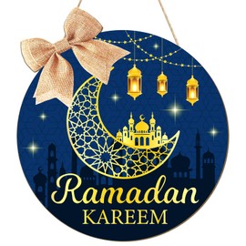 Wooden Ramadan Decorations Eid Mubarak Door Wreath for Front Door Sign Wall Hanger, Kareem Ornament Moon and Stars Sign Welcome Hanging for Home Decor Islamic Muslim Party Outdoor Indoor Supply