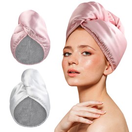 Turbante de microfibra para el cabello: paquete de 2 toallas de secado para mujeres y niñas, rizadas, largas, gruesas, húmedas, de secado rápido, antiencrespamiento, absorbentes (rosa/blanco)