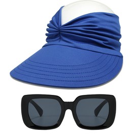 AUSQUQI Sun Visor Hat & Retro Oversized Rectangle Sunglasses Set—Lightweight Foldable Women's Sun Hat & Chunky Fashion Sunglasses for Travel & Beach（Blue/Black）, Blue/Black, One Size