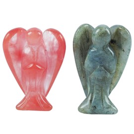 Lovionus89 Mini Crystal Angel, 2 Pieces Bag Carved Gemstone Guardian Figures Healing Statue Home Decor 1.5 Inches, Cherry Quartz + Moonstones