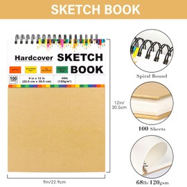9" x 12" Sketch Book, 100 Sheets Hardcover Sketchbook (68lb/120gsm) Acid Free Bound Sketch Pad, Art Drawing Paper for Kids Adults for Painting, Sketching, Graphite, Charcoal, Colored Pencils