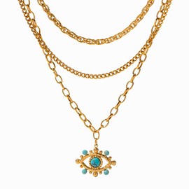 UniLogue Bohemian Common Luxury Stainless Steel 18k Gold Plated Turquoise Evil Eye Lace Chain, Unique and Versatile, Layered Choker Chain, Retro Devine Eye Gold Necklace Bracelet (Necklace)