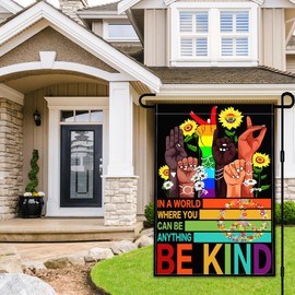 KNAPAL Be Kind Garden Flag 12x18 Inch In A World Where You Can Be Anything Garden Flag 3ply Polyester Double Sided with Rainbow and Peace Sign for Outdoor House Yard Outside Garden Decor