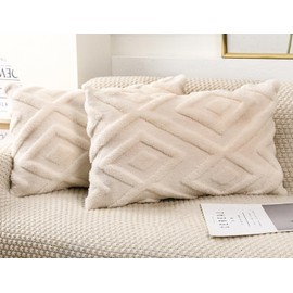 DRNOU Set of 2 Faux Fur Cream White Throw Pillow Covers 12x20,Soft Checkborad Pattern Decorative Boho Lumbar Pillow Cover Case Cushion Cover for Sofa Couch Bed Livingroom Farmhouse,Modern Accent