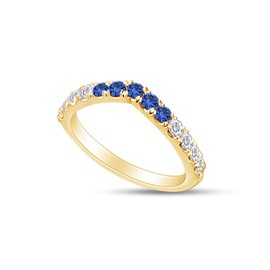 AFFY Round Cut Simulated Blue Sapphire & White Cubic Zirconia Curved Anniversary Wedding Band Ring in 14k Yellow Gold Over Sterling Silver Ring Size-6